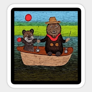 watercolor groundhog fishing with teddy bear Sticker